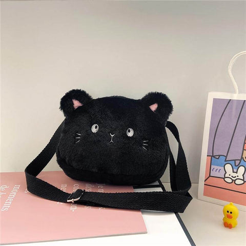 black cute kawaii chonky fluffy small mini kitty cat handbag bag with ears and shoulder strap