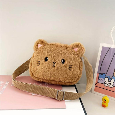 brown cute kawaii chonky fluffy small mini kitty cat handbag bag with ears and shoulder strap