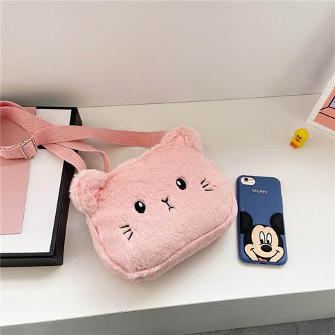 pink cute kawaii chonky fluffy small mini kitty cat handbag bag with ears and shoulder strap big enough to fit iPhone smartphone phone