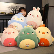 Five cute chonky squishy animal plushies with a rainbow on their bellies