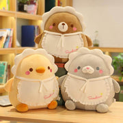 cute kawaii chonky baby chicken, bear, and seal plushies with baby bib and hat