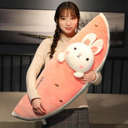young woman cuddling big and small cute kawaii chonky fluffy squishy soft watermelon fruit animal bunny rabbit plushie pillow