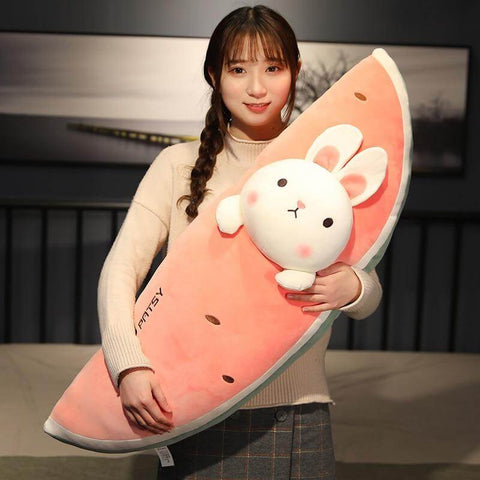 young woman cuddling big and small cute kawaii chonky fluffy squishy soft watermelon fruit animal bunny rabbit plushie pillow