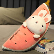 cute kawaii chonky fluffy squishy soft watermelon fruit animal white bunny rabbit plushie pillow