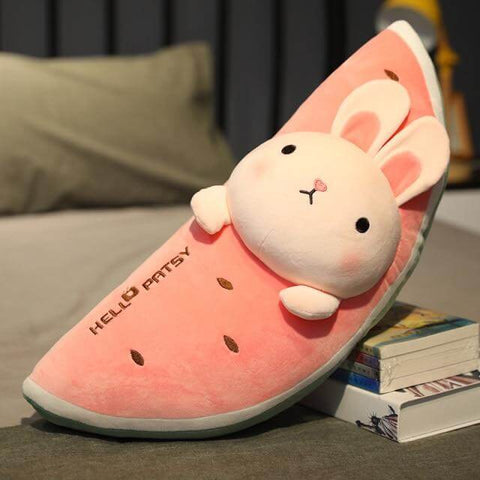 cute kawaii chonky fluffy squishy soft watermelon fruit animal pink bunny rabbit plushie pillow