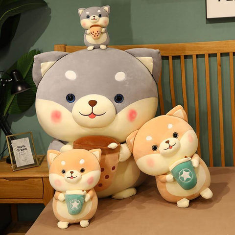 big and small  gray and orange cute kawaii chonky shiba inu dog plushies with bubble tea