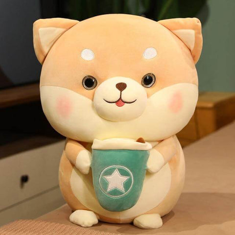 orange cute kawaii chonky shiba inu dog plushie with bubble tea