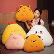 young woman cuddling cute kawaii chonky soft squishy triangle rice ball animal plushies
