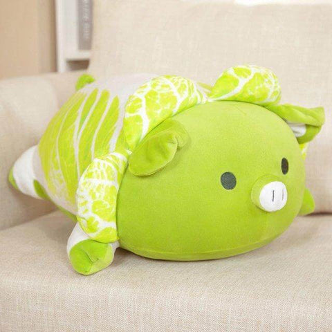 lying sleeping cute kawaii chonky green vegetable cabbage pig plushie with eyes open