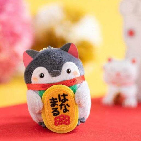 cute kawaii chonky fluffy penguin plushie keyring in Chinese lucky cat costume on bag