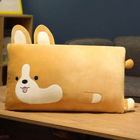 cute kawaii chonky fluffy cuddly corgi dog butt square rectangular plush pillow with ears, face, and tail