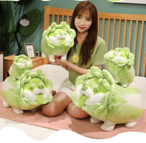 young woman playing with cute kawaii chonky green vegetable cabbage shiba inu dog plushies