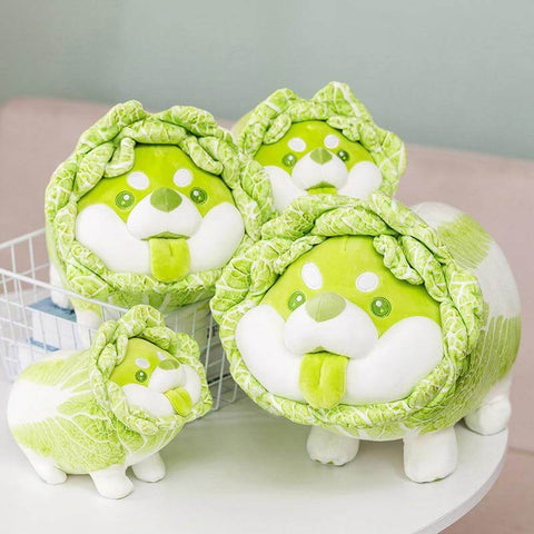 big and small cute kawaii chonky green vegetable cabbage shiba inu dog plushies