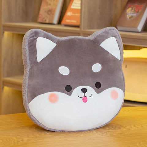 cute kawaii chonky fluffy gray shiba inu dog head pillow