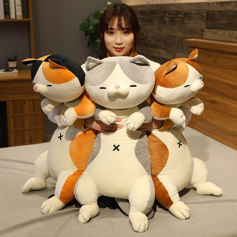 young woman holding big gray, brown, and calico cute cawaii chonky cat plushies