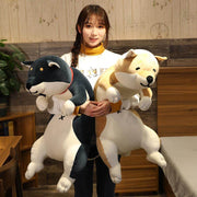 young woman cuddling with brown and black cute kawaii chonky shiba inu dog plushies