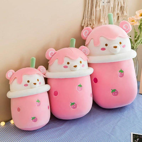 big and small pink cute kawaii chonky bear bubble tea boba plushies