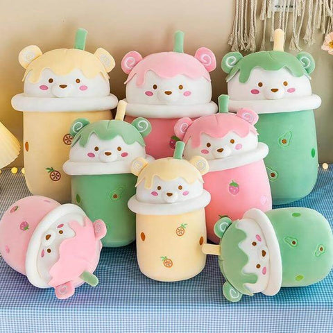 pink, yellow, and green cute kawaii chonky bear bubble tea boba plushies