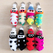 cute kawaii chonky colourful cool caterpillar keyrings with sunglasses, beanie, and sweater