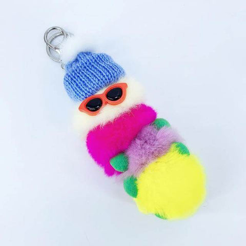 cute kawaii chonky white and rainbow cool caterpillar keyrings with sunglasses, beanie, and sweater
