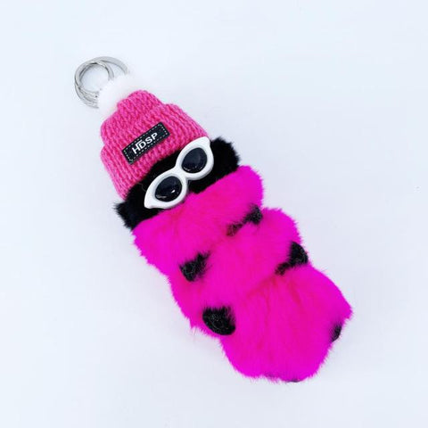 cute kawaii chonky pink and black cool caterpillar keyrings with sunglasses, beanie, and sweater