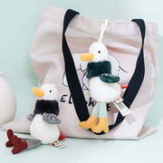 red gray and green cute kawaii chonky fluffy seagull bird plushie keyring in high heels shoes with quirky unique design on bag