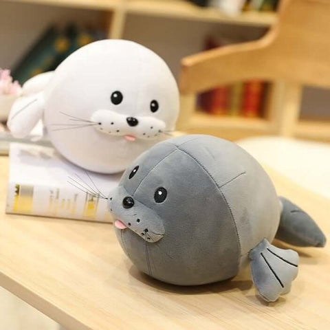 cute kawaii round chonky seal plushies in gray and white
