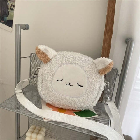 cute kawaii chonky fluffy animal head handbag and bag with shoulder straps in white sheep design