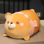 cute kawaii chonky brown bear plushie with pink scarf