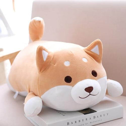 cute kawaii chonky squishy brown shiba inu dog plushie with eyes open