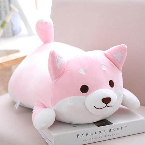 cute kawaii chonky squishy pink shiba inu dog plushie with eyes open