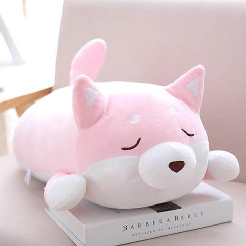 cute kawaii chonky squishy pink shiba inu dog plushie with sleeping eyes closed