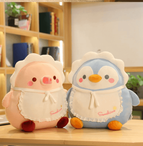 cute kawaii chonky baby pig and penguin plushies with baby bib and hat