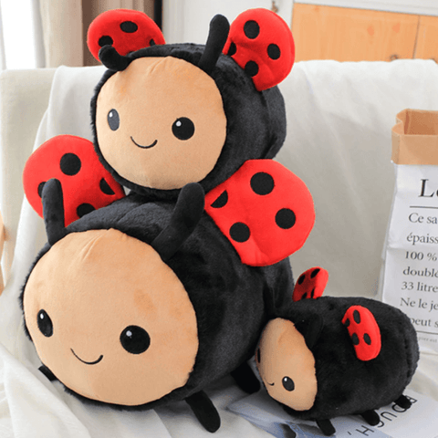 big and small cute kawaii chonky squishy ladybug insect plushies with red wings and black spots
