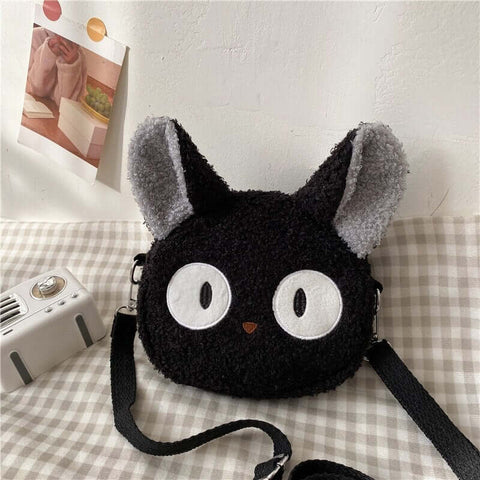 cute kawaii chonky fluffy animal head handbag and bag with shoulder straps in black cat design