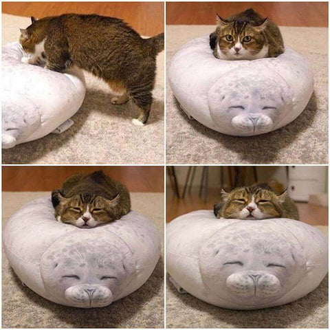 cat lying on cute kawaii chonky seal plushie pillow with realistic print design